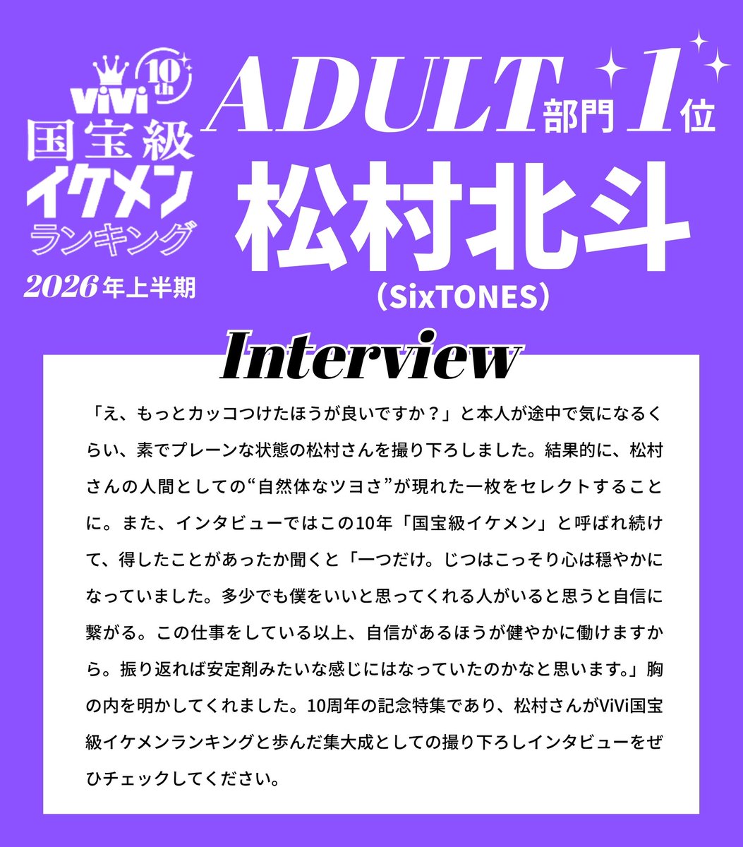 vivi_magazine's tweet photo. #ViVi国宝級イケメンランキング
2026年上半期ADULT部門１位
#松村北斗 さん(#SixTONES)高画質PHOTO📸♡

「振り返れば安定剤みたいな感じにはなっていたのかなと」

▼インタビュー全文はViVi9月号(7/23発売)にてご覧ください🖤
🔗https://t.co/Gov1ENOjLy https://t.co/IeTeVxKdbs