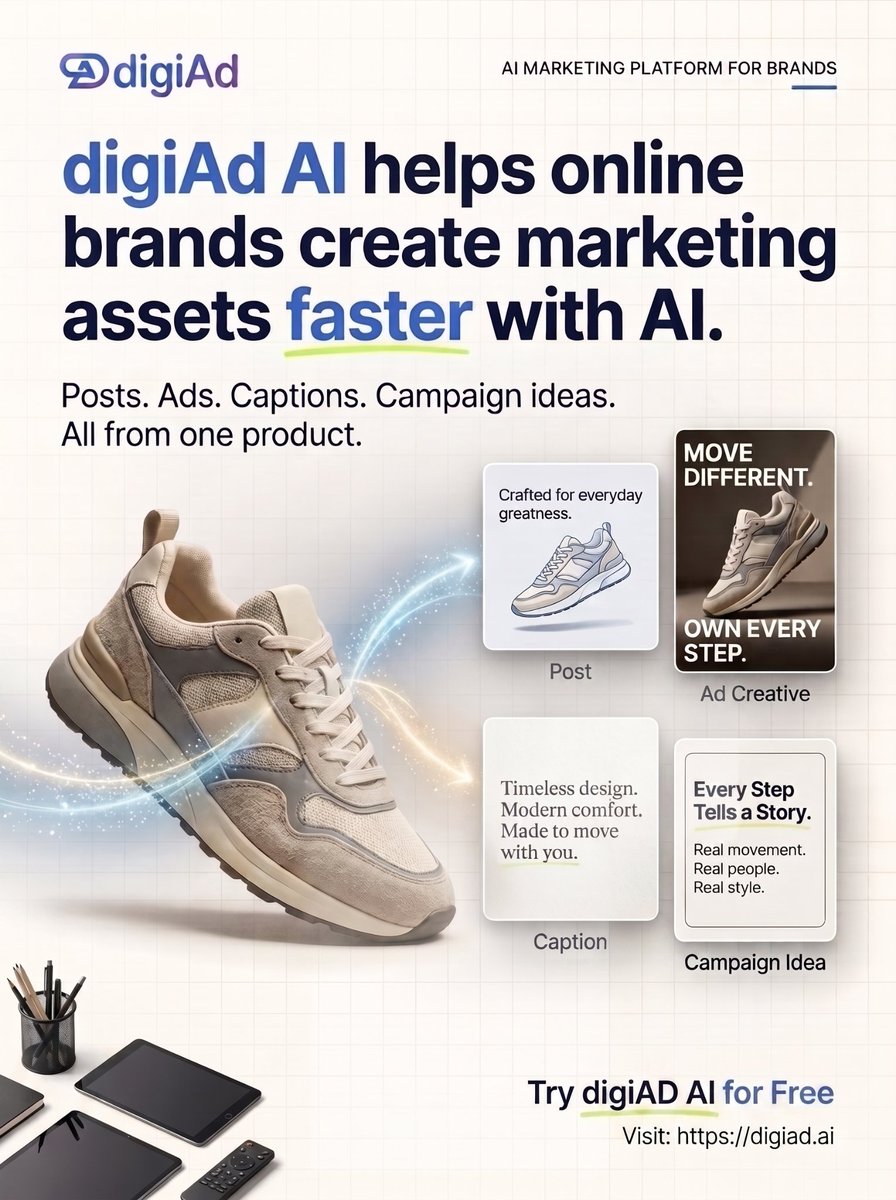 digiAd_AI's tweet photo. One product can become posts, ads, captions and campaign ideas faster with digiAd AI.

Create more from what you already sell.

AI marketing, online brands, ad creatives, marketing assets, D2C, eCommerce

#AIMarketing #D2CMarketing https://t.co/QVC2ykVUQv