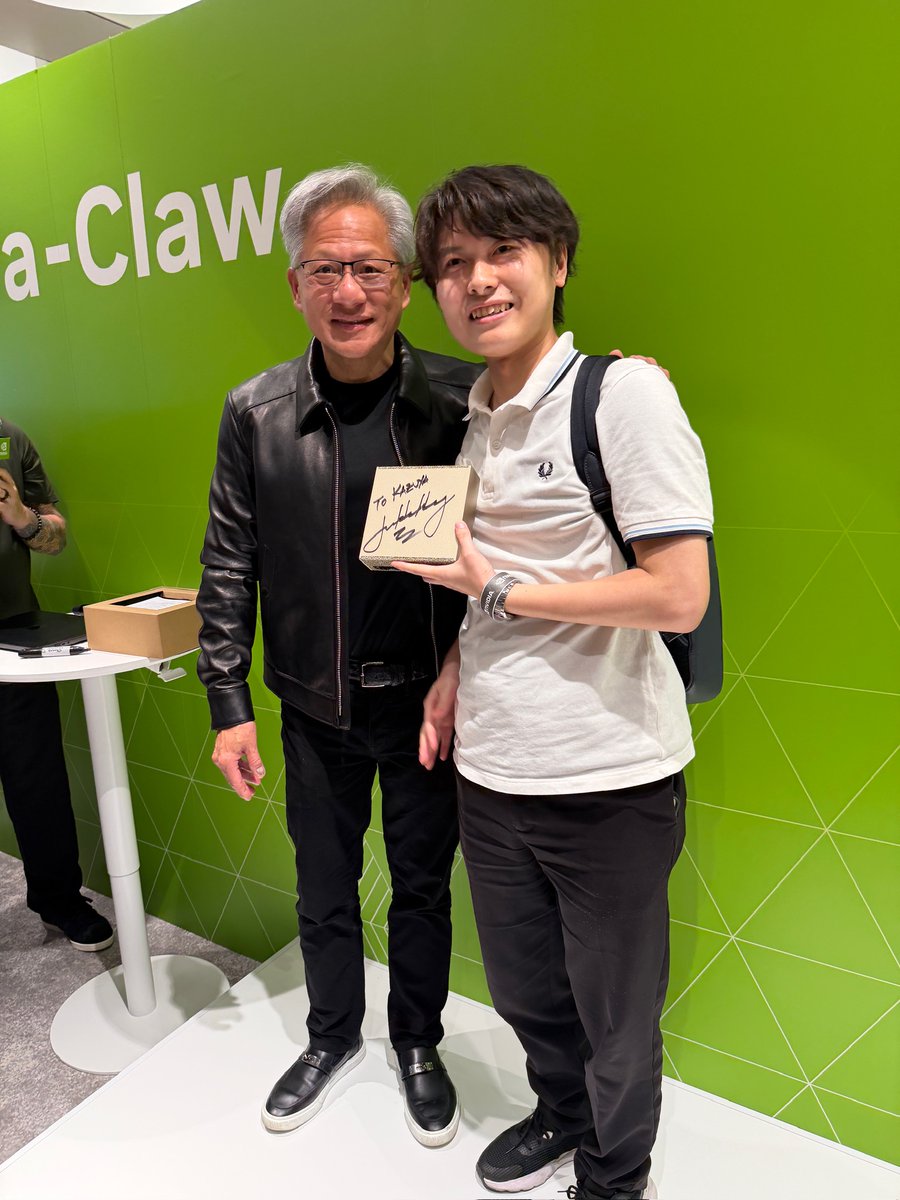 NVIDIAAI's tweet photo. First stop in Japan: Build-a-Claw. 🇯🇵

Jensen made a surprise stop in the heart of Tokyo to meet with devs, give away some DGX Sparks, and see what they're building with open models. https://t.co/kxOUrinwPN
