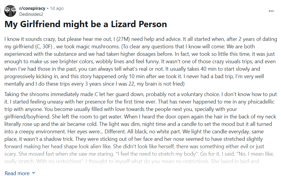 IamLewisU's tweet photo. Man figures out his girlfriend is a lizard after doing shrooms. Huh. Maybe read my book my brother. https://t.co/4VqGCV69rY