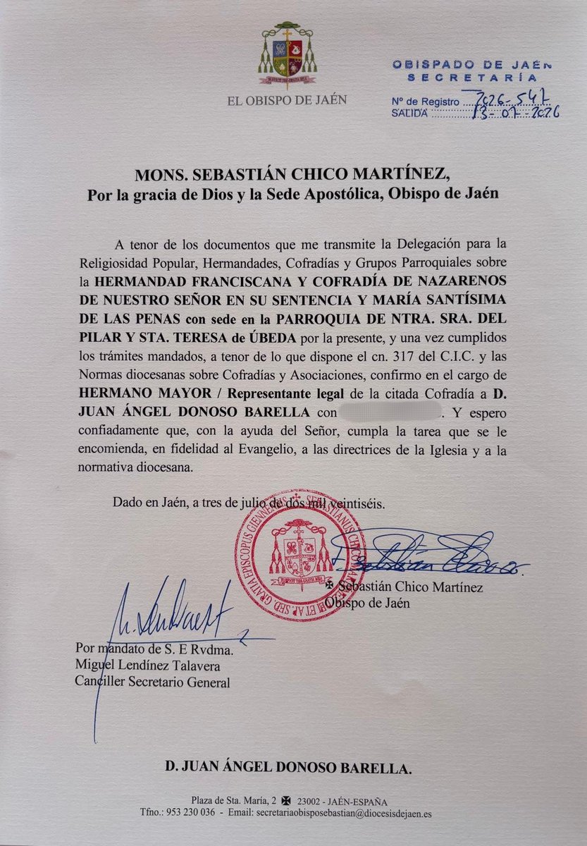 Sentencia_Ubeda's tweet photo. Con profundo sentido de responsabilidad y servicio, nuestra Hermandad recibe el decreto de confirmación de nuestro Hermano Mayor, D. Juan Ángel Donoso Barella, firmado por el Excmo. y Rvdmo. Mons. Sebastián Chico Martínez, Sr. Obispo de Jaén.

https://t.co/N57Hn1YZmx https://t.co/kQb36ppBxr