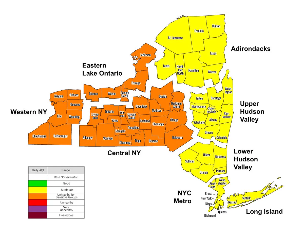 Map of New York State showing counties shaded in Air Quality Alert rating colors.