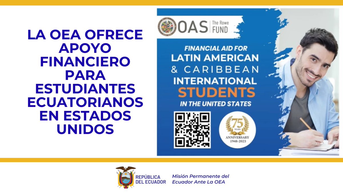 Ecuador_OEA's tweet photo. La @OEA_oficial, a través del Rowe Fund, ofrece préstamos sin intereses de hasta USD 15.000 para estudiantes de América Latina y el Caribe que cursan los dos últimos años de estudios universitarios o de posgrado en Estados Unidos con visa F o J.

Además, quienes cumplan los requisitos pueden acceder a una beca complementaria de USD 2.000, que se solicita junto con el préstamo.

📅 Las postulaciones están abiertas durante todo el año y se evalúan mensualmente.

📲 Conoce los requisitos escaneando el código QR o en   https://t.co/GczB1vJ8Mb
#EcuadorEnLaOEA @CancilleriaEc @Palencia3Monica #RoweFund