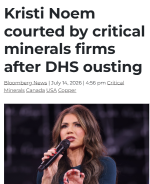 PAOLOCanpa's tweet photo. The next critical-minerals empire may be built across the Canada-US border - not inside one country.

NRED starts in British Columbia with Wilmac, a 16,078-hectare copper-gold project, then looks south toward a US mine acquisition and eventual copper supply into the American market.

Kristi Noem could become the bridge between those two worlds. Bloomberg reports that several critical-minerals firms approached her, yet she joined $NRED and said her relationships could help connect the company with people capable of supporting its growth.

That combination grabs me: Canadian resources, American demand and federal-level access inside a C$26.9M company.

Not a signal, just a look

$LCID $OKTA $BABA