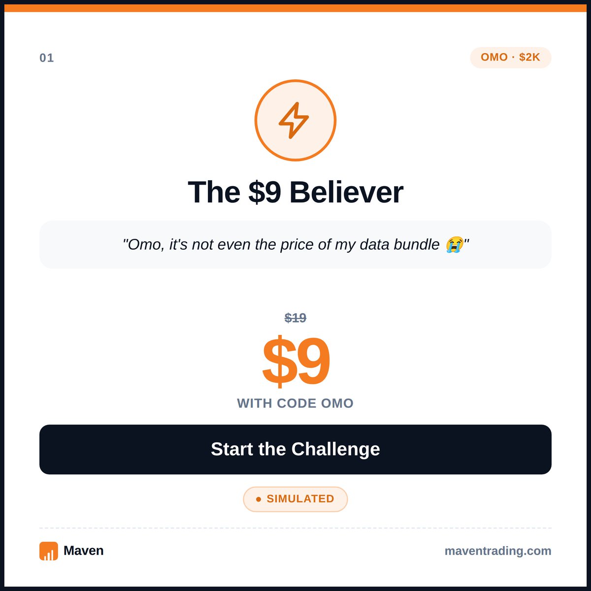 Maventrading's tweet photo. Would you try a trading challenge for $9?
Simulated trading environment. Performance-based rewards.