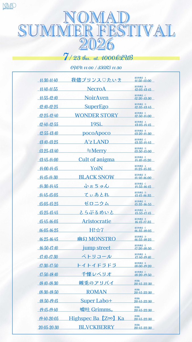 AzLAND_jp's tweet photo. ／
　🪧 A'z LAND 開園情報🎡
　NOMAD presents IDOL SHOWCASE vol.35
　NOMAD SUMMER FESTIVAL 2026
＼

日付➩7月23日(木)
開場➩11:00 / 開演➩ 11:30
場所➩横浜1000CULB
前売➩最前管理番号 ¥6,000 前方¥5,000
　　　一般¥4,000(各+1D)
7月19日 最前22:55 前方23:05 一般23:15販売開始
A'z LAND最前
🎫https://t.co/5NrgDpgJ3r

前方、一般
🎫https://t.co/IaIgLCi0Vn

🎤13:10~13:25
📷13:35~14:45(並行C)