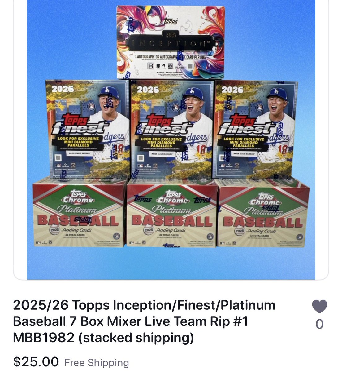 midwestboxbreak's tweet photo. 🚨Baseball Break🚨$25

⚾️’25 Topps Inception 
⚾️’25 Topps Chrome Platinum Blaster (3)
⚾️’26 Topps Finest Mega (3)
7 box Random Team Mixer #1
(Look for singles added in weak teams!)
Stacked shipping. All cards ship. Link:
https://t.co/IRWrkDYKrL

Watch at https://t.co/lVDlYz0FpY https://t.co/upxOlaaVJW