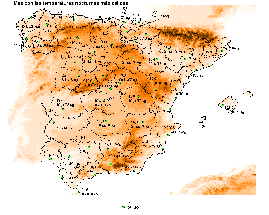 AEMET_Divulga's tweet photo. Hoy empieza la canícula, periodo en el que se registran las temperaturas más altas del año y que abarca del 15 de julio al 15 de agosto. En estos mapas de @crballesteros podéis ver cuál es el mes con las temperaturas diurnas y nocturnas más cálidas (1/2)👇 https://t.co/ubV3p4ieM5