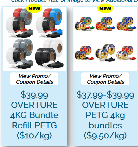 3dpdeals's tweet photo. $37.99-$39.99 OVERTURE PETG 4kg bundles ($9.50/kg)
https://t.co/HvHn21MPsI
$39.99 OVERTURE 4KG Bundle Refill PETG ($10/kg)
https://t.co/WLTBjO2Zs1
#ad #afflink https://t.co/EWbnwBtJbI