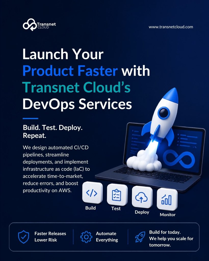 TransnetCloud's tweet photo. The faster you ship, the faster you grow.

We help organizations automate deployments, standardize infrastructure, and accelerate software delivery with AWS DevOps solutions. 

You want better a development workflow? 
Speak to us today. Send a DM.☁️ https://t.co/AXvvkPlJyf