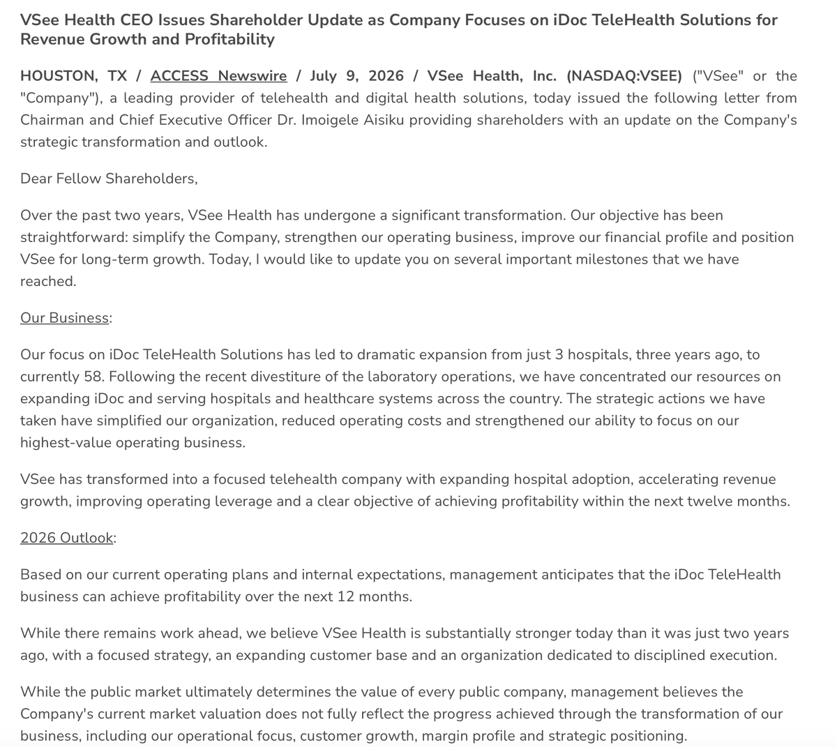 investorNPress's tweet photo. $VSEE CEO Issues Shareholder Update as Company Focuses on iDoc TeleHealth Solutions for Revenue Growth and Profitability https://t.co/FWbbSGMy5W #spaceX #newtothestreet #NASDAQ #otc #AI #wsj #nytimes #business #reuters #forbes #foxnews @socialstartnow1 #health #healthcare https://t.co/iveiWZAY9k