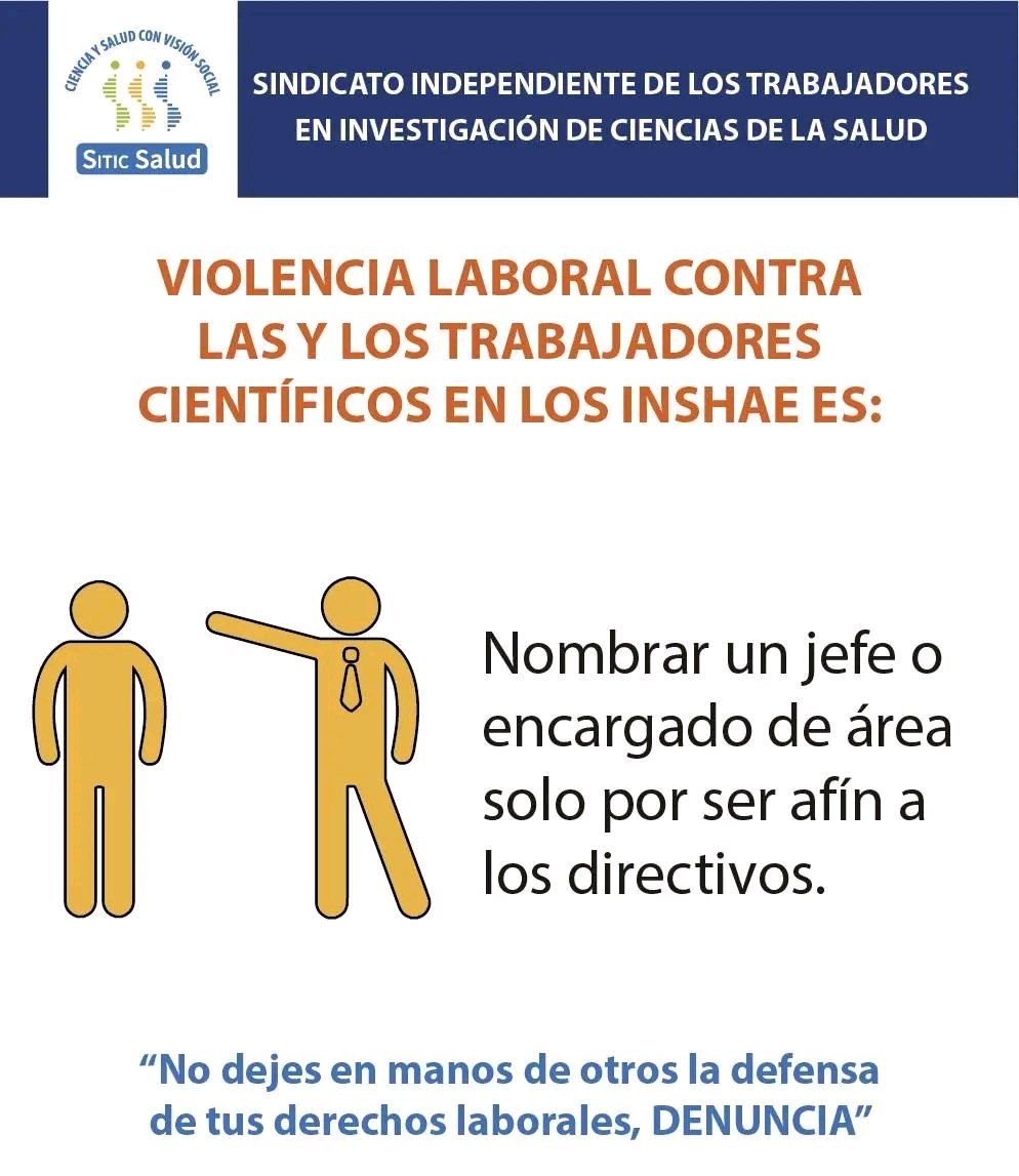SaludSitic's tweet photo. 📢#Violencia laboral contra los #trabajadores científicos #INSHAE es:
Nombrar un jefe o encargado de área solo por ser afín a los directivos🚩🚩🚩 https://t.co/xkAaGOeHem