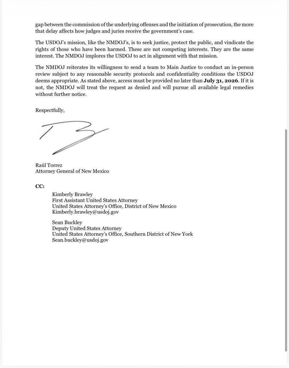 kylegriffin1's tweet photo. The New Mexico Attorney General's Office says Trump's Southern District of New York has refused to provide his office with unredacted Epstein files to aid in its investigation of Epstein's Zorro Ranch. https://t.co/Kap9Kfu4bb