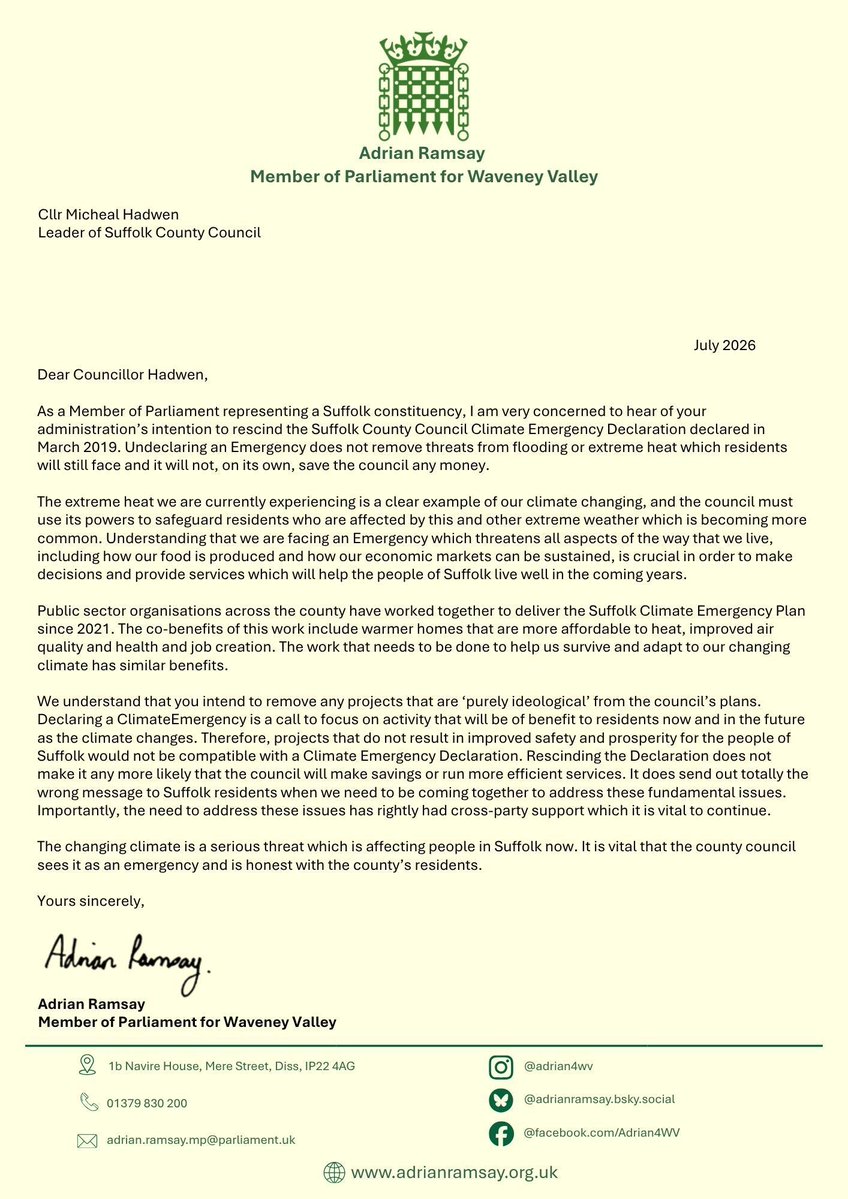 AdrianRamsay's tweet photo. The climate emergency isn't a talking point. It's happening right now. Farmers are watching harvests fail, families are facing hosepipe bans, and our infrastructure is crumbling under record heat.

I've written to Cllr Hadwen, Leader of Suffolk County Council, urging him not to rescind our Climate Emergency Declaration.