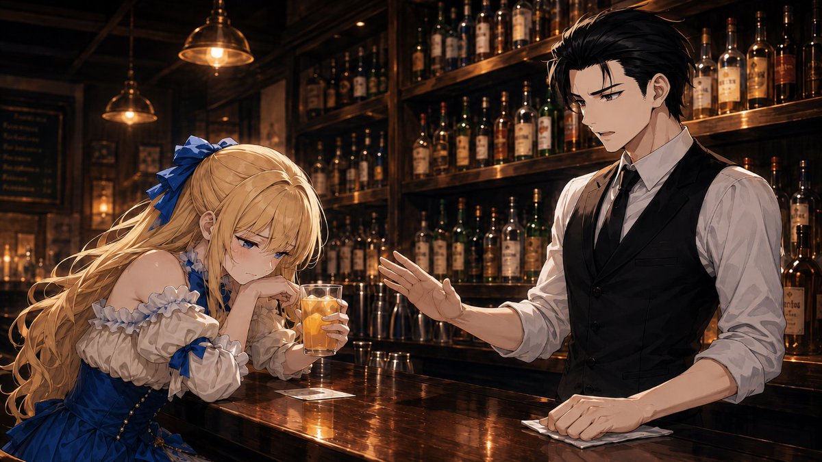 ainra119o's tweet photo. 【画像生成遊び】
「……お客さん、これくらいにした方が」
「うっさい、もう一杯持ってきて」
などというお約束のシーンを作ってみた。なお飲んでいるのはオレンジジュース。

……オレンジジュースも買うと今高いですよね。 https://t.co/PH5AtjsLX7