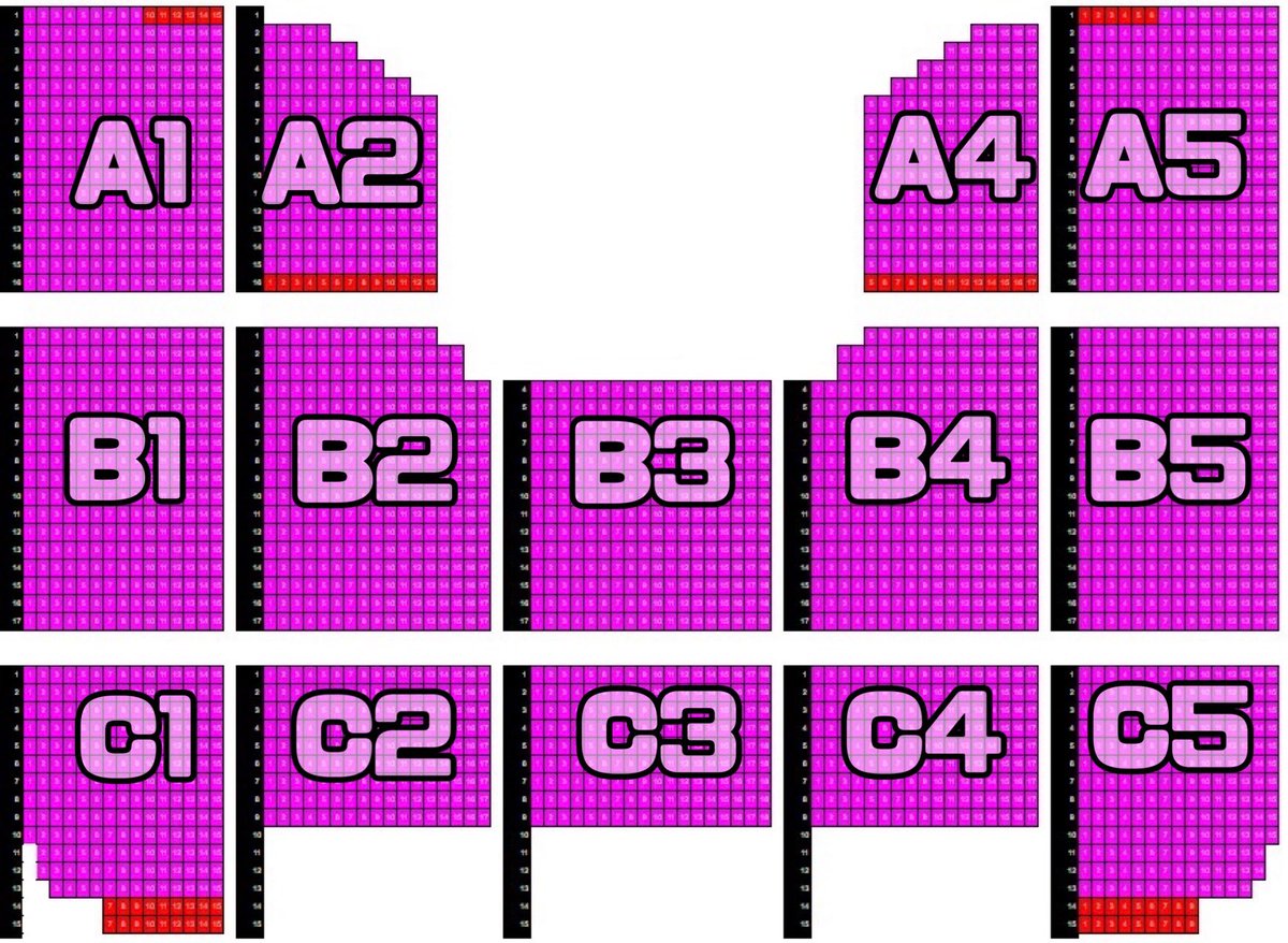 andteam_seats's tweet photo. BtW 千葉 LaLa Arena ららアリ 座席予想 (7/15 22時)

アリーナA-C。縦の列数は図参照
1&amp;5ブロ横15,2&amp;4ブロ横17,3ブロ横18
赤色部分はご報告数が少なく削れの可能性

2階スタンド実質1-3列はアプグレ
一般、FC2次指定は全て4階。FC1次はスタンド2-4階

引き続きご報告お待ちしております🙏
 #andteam https://t.co/JlsqxiowtL