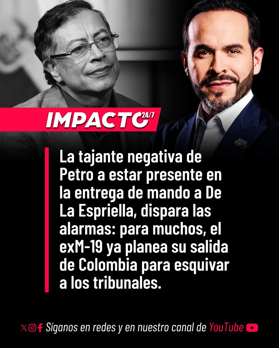 Impacto24_7's tweet photo. 🚨🇨🇴 ¿ANUNCIO DE FUGA? | El anuncio de Gustavo Petro de que el 7 de agosto "no estará en ninguna parte" ni le dará la mano a Abelardo De La Espriella ha disparado las alarmas en el país. Para diversos sectores, esta tajante negativa no es un simple desacuerdo político, sino la confirmación implícita de que el miembro de la Lista Clinton planea huir del país para evadir el cara a cara con la justicia penal y las investigaciones que el nuevo gobierno de De La Espriella ha prometido impulsar con firmeza desde su primer día.