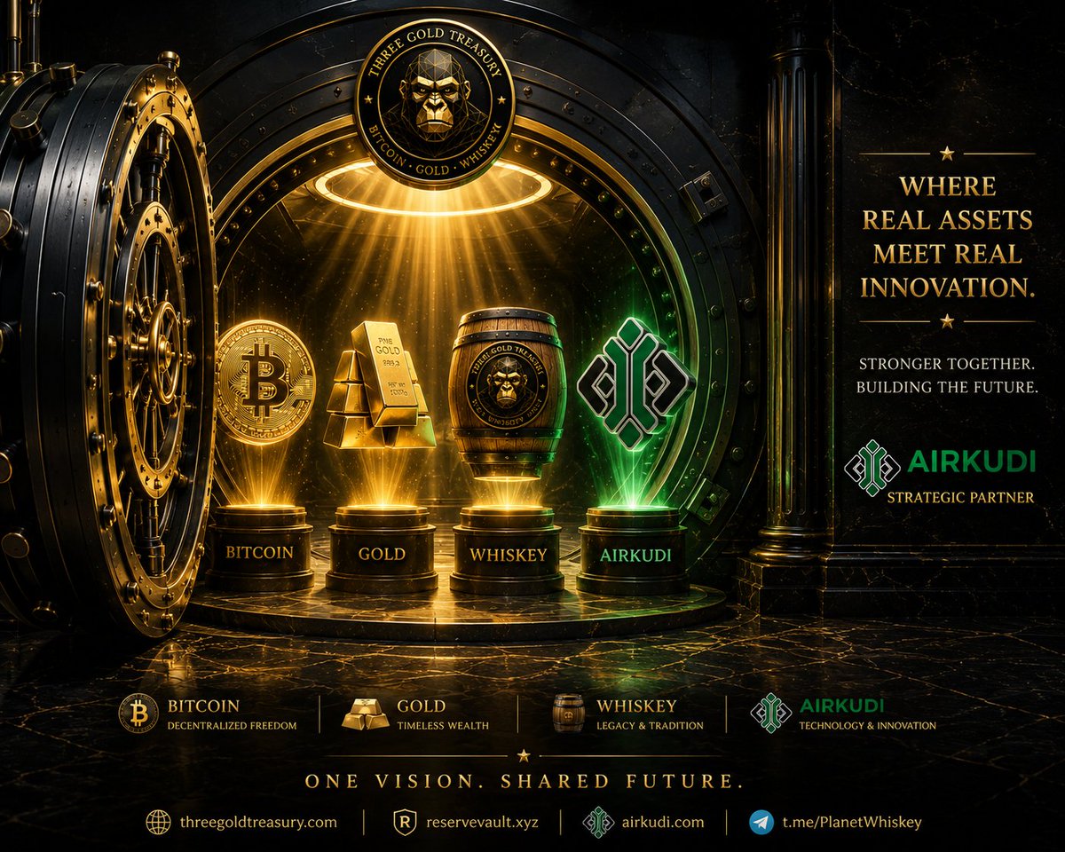 planetwhiskey's tweet photo. Real value grows through strong partnerships.

We're excited to welcome Airkudi to the Three Gold Treasury ecosystem.

Together, we're connecting innovation with real-world assets.

Bitcoin.
Gold.
Whiskey.
Technology.

One vision.
Shared future.
@airkudi @solana
@Pumpfun
🔗 https://t.co/MxzWcqvpfa
🔗 https://t.co/fSMoxx9pbG
🔗 https://t.co/CnWvSPNHYk
🔗 https://t.co/vFjgWWKjZa

$WHISKEY