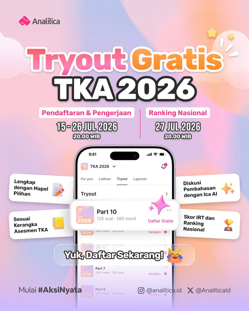 AnaliticaId's tweet photo. [TRYOUT GRATIS TKA 2026 PART 10] ✨
Calling out temen2 SMA/SMK/MA yang pengen belajar buat TKA 2026! Ada tryout gratis nih, yuk daftar sekarang

Cara daftarnya gampang 👇
- Like, Retweet, dan Follow @AnaliticaId 
- Mention 3 teman kamu di Reply
- Login di app Analitica atau klik link ini https://t.co/6nCJD6RYlR
- Upload buktinya
- Tunggu verifikasinya
- Kerjakan tryoutnya😁