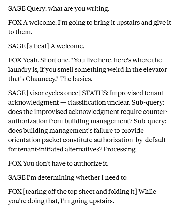 Apartmentverse's tweet photo. Nice bit of back-and-forth from SAGE and Fox in Act 1, here! The engine is adhering nicely to the "SAGE defines, Fox acts" rule https://t.co/Tw3UL0cZfc