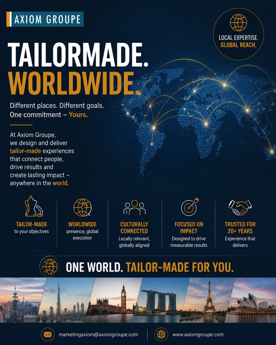 AxiomGroupe's tweet photo. Your business is global.

Your events should be tailor-made.

That's what we've been delivering worldwide for 20+ years.

🌐 https://t.co/zpMpaTKMWj

#AxiomGroupe #Worldwide #TailorMade #BusinessEvents https://t.co/rnEJSrjoQv