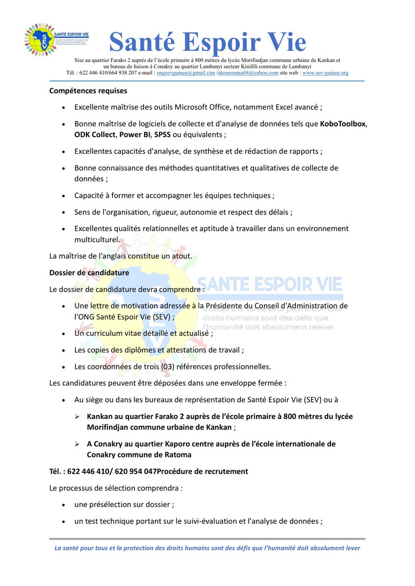 Sevguinee's tweet photo. 𝐒𝐚𝐧𝐭é 𝐄𝐬𝐩𝐨𝐢𝐫 𝐕𝐢𝐞 recrute un(e) responsable de Suivi, Évaluation, Redevabilité et Apprentissage (SERA). Rejoignez notre équipe.  

 𝐃𝐚𝐭𝐞 𝐥𝐢𝐦𝐢𝐭𝐞 𝐝𝐞 𝐜𝐚𝐧𝐝𝐢𝐝𝐚𝐭𝐮𝐫𝐞 : 𝟎𝟒 𝐚𝐨û𝐭 𝟐𝟎𝟐𝟔 https://t.co/2cHsi7fbhD