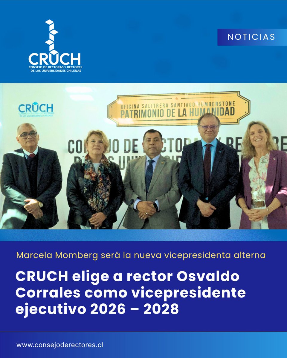 CRUCH_cl's tweet photo. El #CRUCH eligió por unanimidad al rector de la @uvalpochile, Osvaldo Corrales, como vicepresidente ejecutivo 2026-2028.
Además, la rectora de la @UCTemuco, Marcela Momberg, fue elegida vicepresidenta ejecutiva alterna, primera mujer en ejercer ese cargo.
https://t.co/O7xyF4e02M https://t.co/n7WTCTP8ka