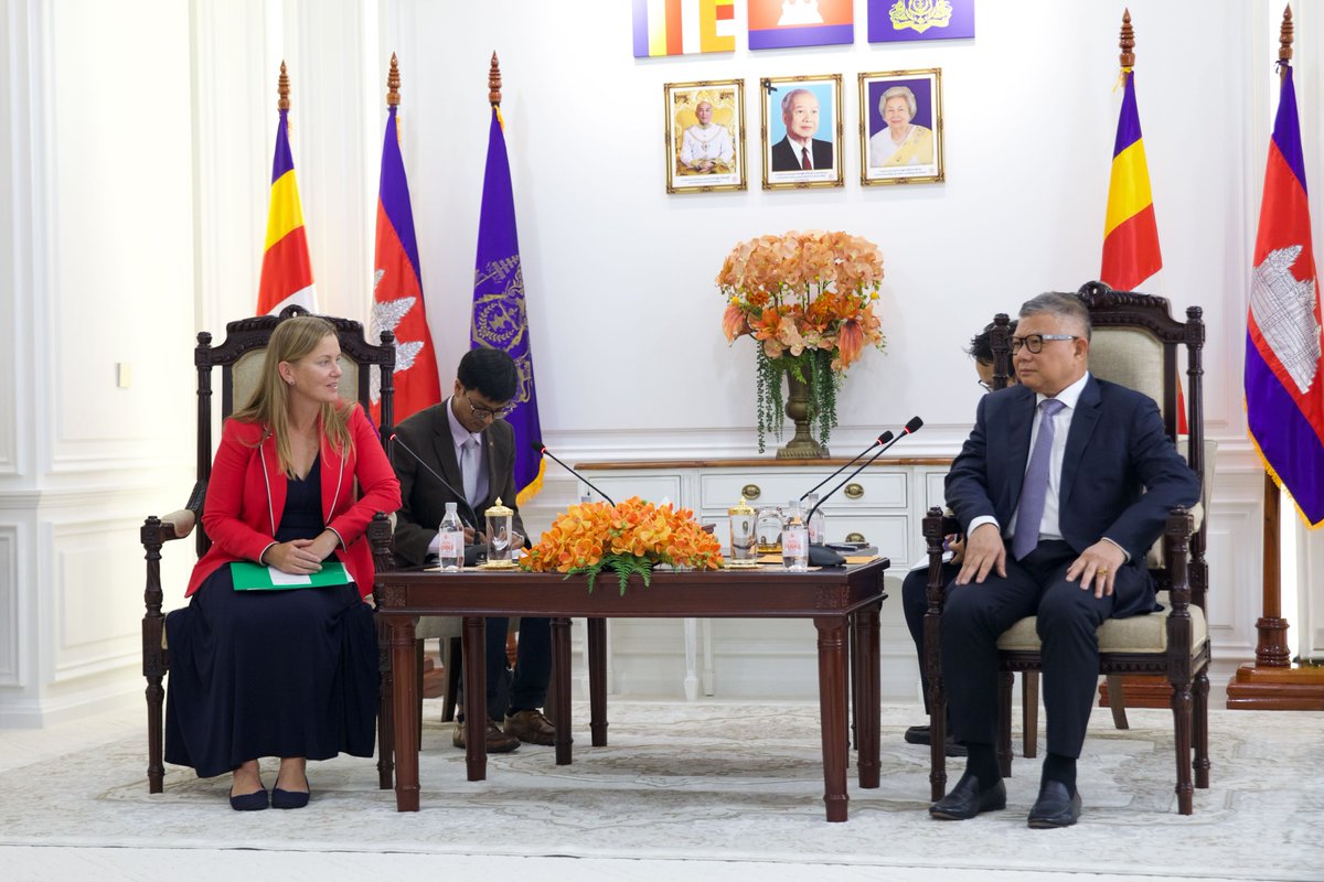 USEmbPhnomPenh's tweet photo. U.S. Chargé d'Affaires Aleks Zittle met with Cambodian Senior Minister Chhay Sinarith, Head of the Secretariat of the Commission for Combatting Online Scams (CCOS), to reinforce joint efforts against transnational cybercrime that target U.S. citizens. During the meeting, CDA Zittle recognized the Commission’s year-long crackdown on scam compounds and urged the Cambodian government to accelerate its campaign to hold operators accountable.  The two agreed to closer collaboration to dismantle illegal scam centers and to enhance law enforcement partnership.