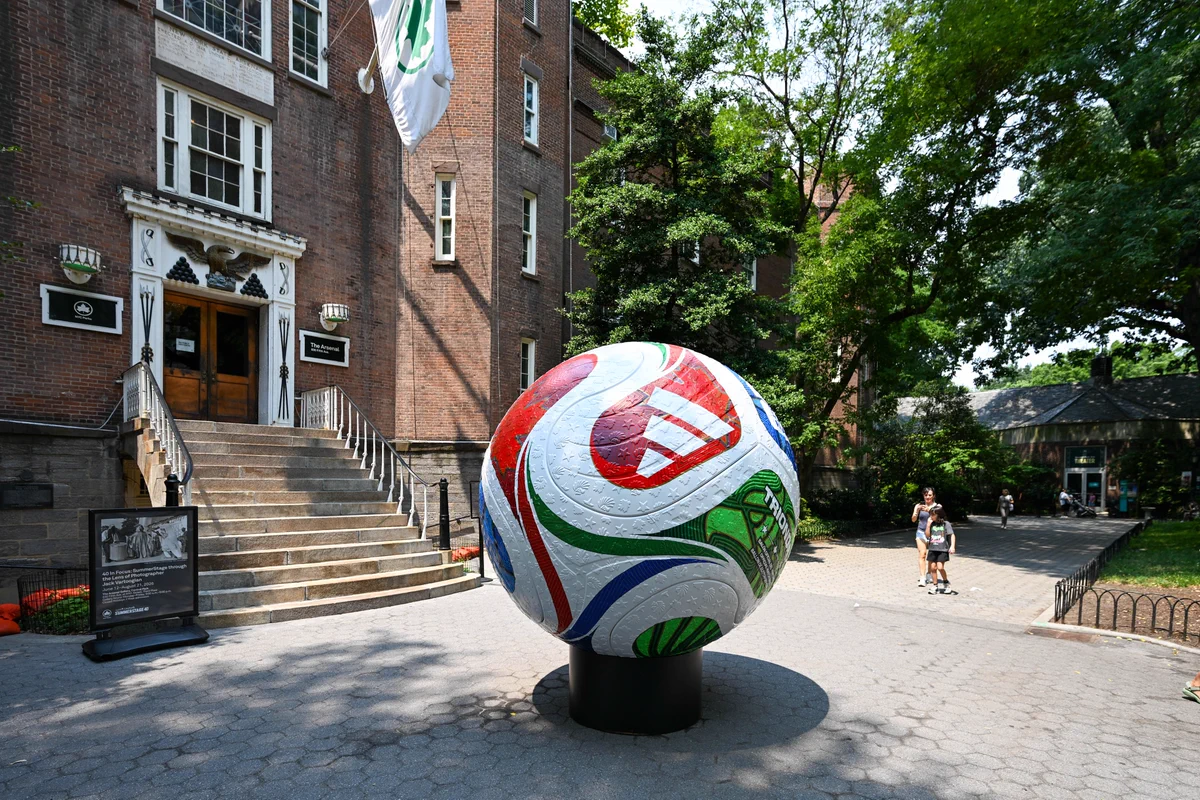 A massive soccer ball sits outside The Arsenal in honor of The World Cup. 