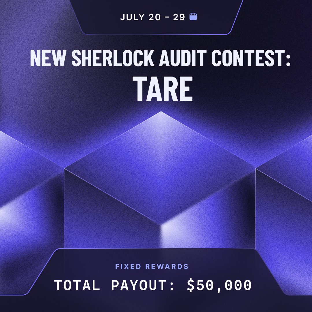 sherlockdefi's tweet photo. A new audit contest is coming to Sherlock!

@tare_io is an onchain loan exchange for regulated, institutional credit originators and investors. Tare's Loan Management System manages the end-to-end loan lifecycle with asset-level NFTs, native double-entry accounting, programmatic settlement, and ERC-7540 vaults priced with transparency.

Full protocol in scope, written in Solidity.

$50K in fixed rewards. July 20-29. Let's go!