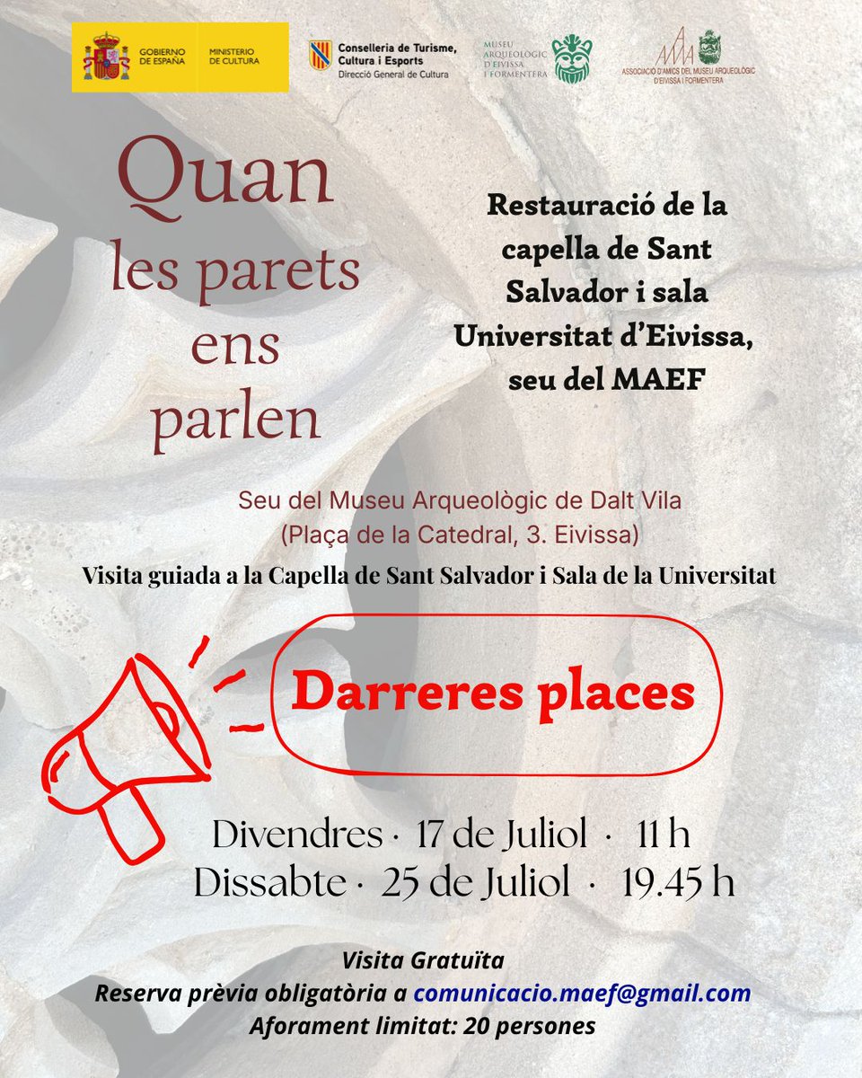 MAEFmuseu's tweet photo. 📢 DARRERES PLACES DISPONIBLES! 

🏛️ 𝑸𝒖𝒂𝒏 𝒍𝒆𝒔 𝒑𝒂𝒓𝒆𝒕𝒔 𝒆𝒏𝒔 𝒑𝒂𝒓𝒍𝒆𝒏

----- 
📢 ¡ÚLTIMAS PLAZAS DISPONIBLES!

🏛️ 𝑸𝒖𝒂𝒏 𝒍𝒆𝒔 𝒑𝒂𝒓𝒆𝒕𝒔 𝒆𝒏𝒔 𝒑𝒂𝒓𝒍𝒆𝒏 https://t.co/R0XxZTa6iq
