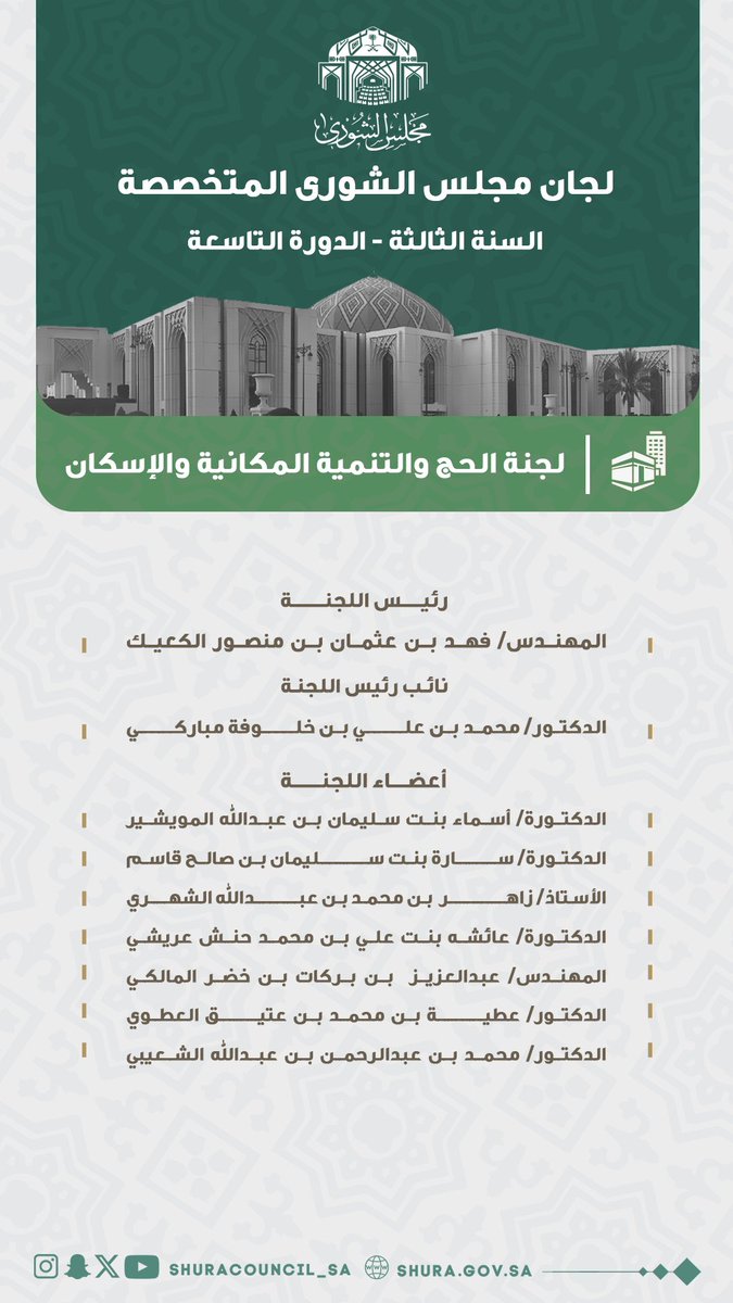 ShuraCouncil_SA's tweet photo. لجنة الحج والتنمية المكانية والإسكان في مجلس الشورى

#لجان_الشورى_المتخصصة 
#اللجان_المتخصصة https://t.co/MTNGsWOckQ
