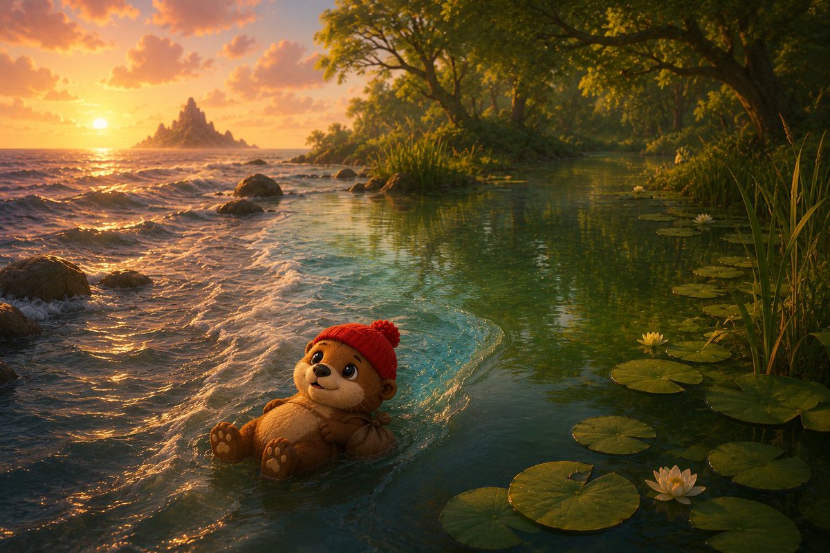 ottrworld's tweet photo. the current finally let go.

OTTR drifted a long way from home. and he found it: Sherwood Pond, on Robinhood. 

red beanie still on. just chill. stay OTTR. 🦦🧢 https://t.co/sqje7cvYCr