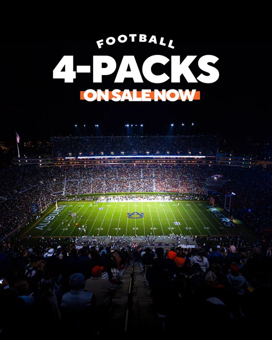 Graphic promoting Auburn Football 4-Packs now on sale. A wide view of a packed Jordan-Hare Stadium during a night game appears beneath the text “Football 4-Packs On Sale Now.”