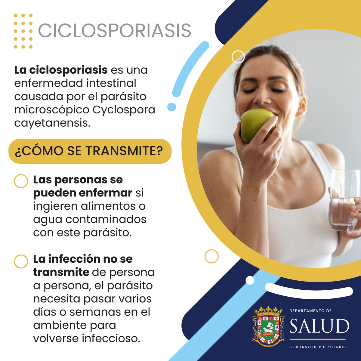 desaludpr's tweet photo. La ciclosporiasis es una enfermedad intestinal causada por un parásito que puede transmitirse al consumir alimentos o agua contaminados. Es importante resaltar que no se transmite de persona a persona. https://t.co/A0wOPriNcq