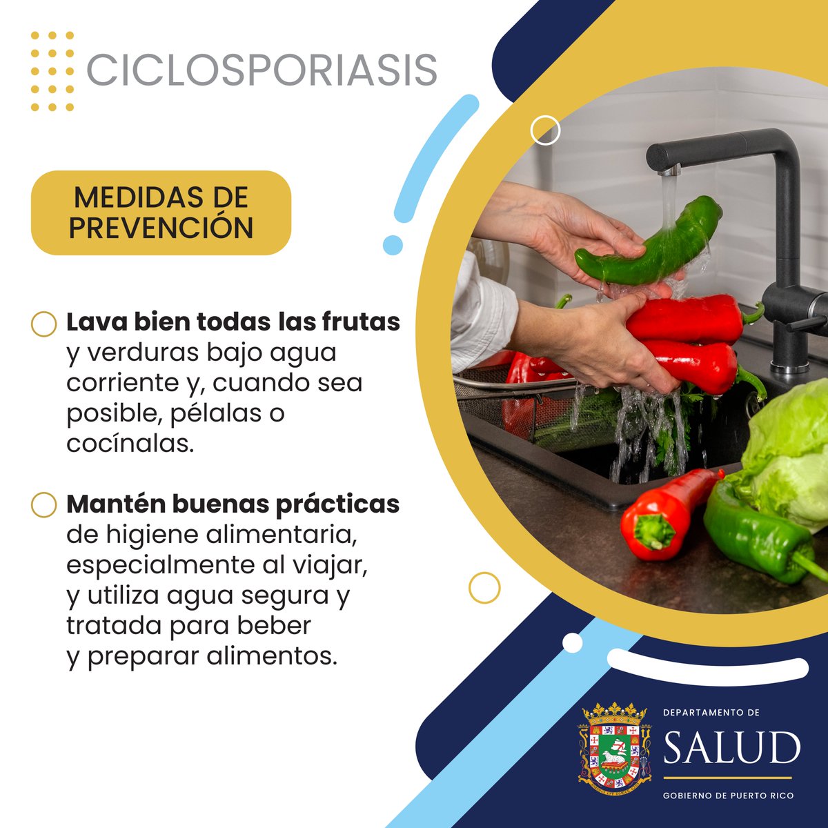 desaludpr's tweet photo. Lavar bien las frutas y verduras, utilizar agua segura y mantener una buena higiene al preparar los alimentos son medidas clave para prevenirla. Si presentas alguno de los síntomas busca atención médica para recibir el tratamiento adecuado y reducir el riesgo de complicaciones. https://t.co/LVL2ZzMvGB
