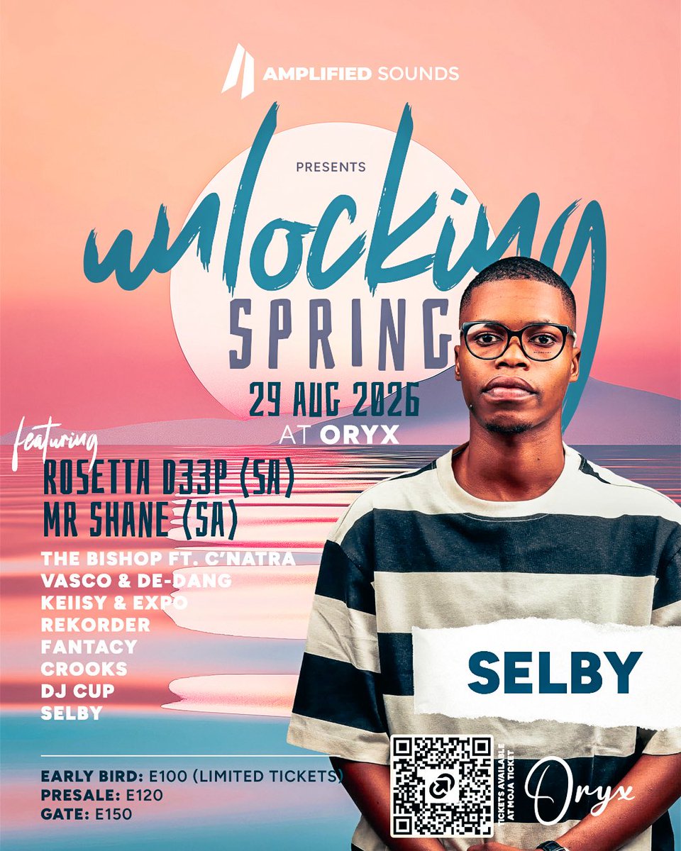 selby_sz's tweet photo. 🎟️ Tickets are still available at Moja Tickets: https://t.co/Te0x3IH4eD  Or scan the QR code on the poster. Early Bird Tickets end 31 July 2026!

#UnlockingSpring  #AmplifiedSounds  #OryxRestuarant https://t.co/r1DtWVAVsH