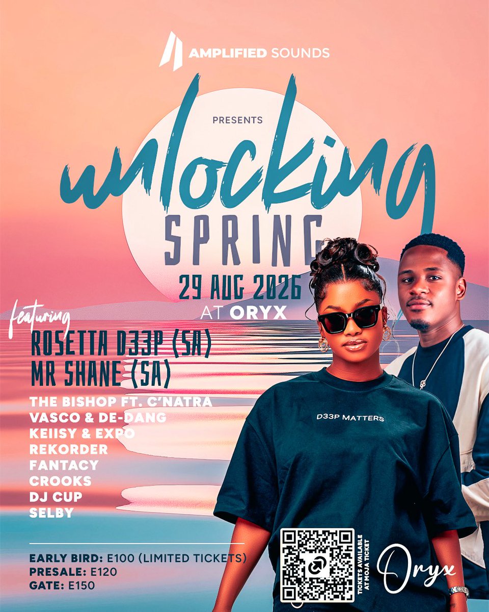 selby_sz's tweet photo. 🎟️ Tickets are still available at Moja Tickets: https://t.co/Te0x3IH4eD  Or scan the QR code on the poster. Early Bird Tickets end 31 July 2026!

#UnlockingSpring  #AmplifiedSounds  #OryxRestuarant https://t.co/r1DtWVAVsH