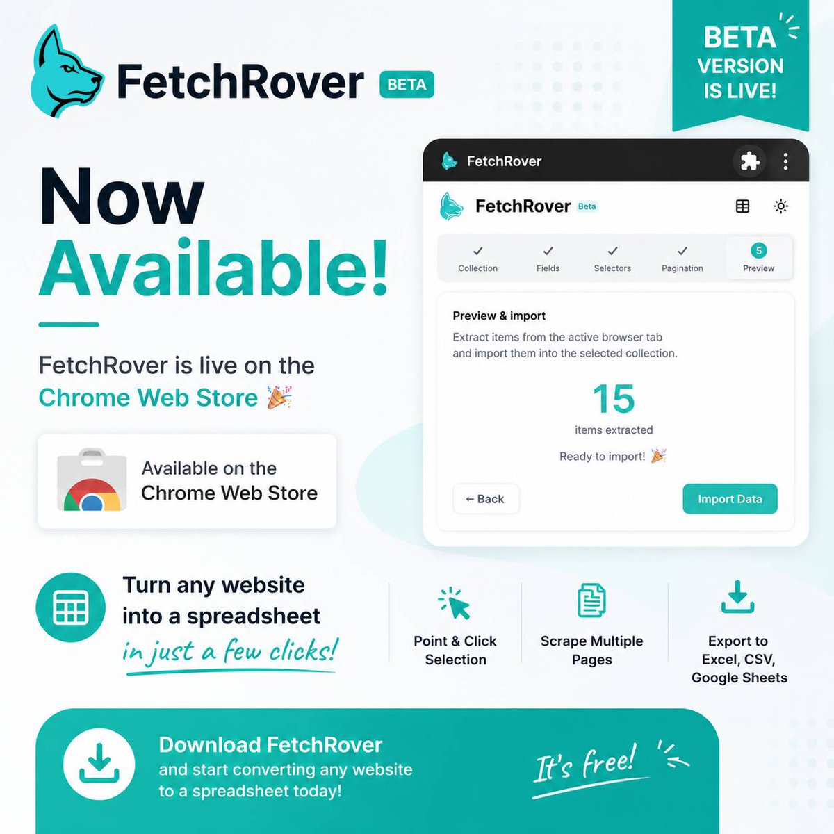 FetchRoverApp's tweet photo. 🚀 FetchRover Beta is now live on the Chrome Web Store! 🎉

Stop spending hours copying and pasting data from websites.

With FetchRover, you can turn almost any website into a spreadsheet in just a few clicks. https://t.co/uhpntdXvuY
