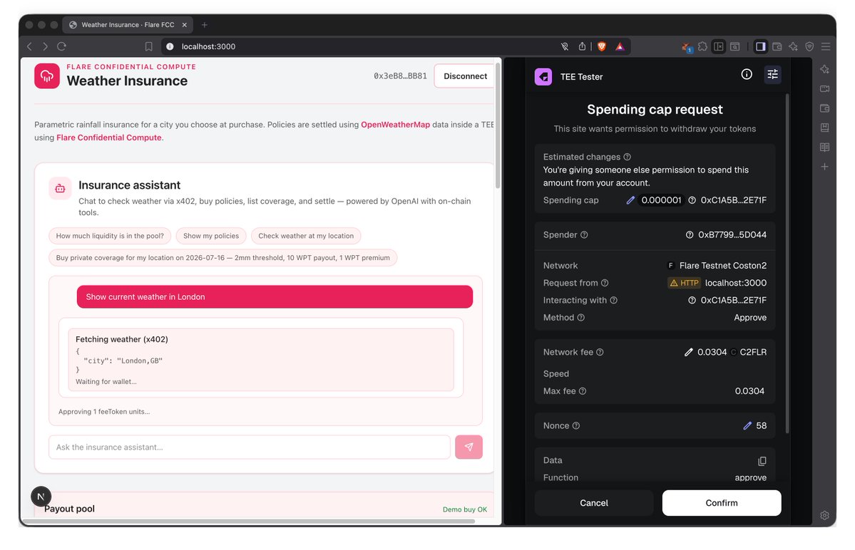 fassko's tweet photo. Related to the KWeather and @FlareNetworks  announcement, I have been working on something very interesting: integrating Flare Confidential Compute (TEE) + X402 to pay USDT0 for API usage and use that with an AI agent on the web or MCP.

It truly comes together. Get any data on-chain via a TEE machine and attest it.

Soon I will open source this.