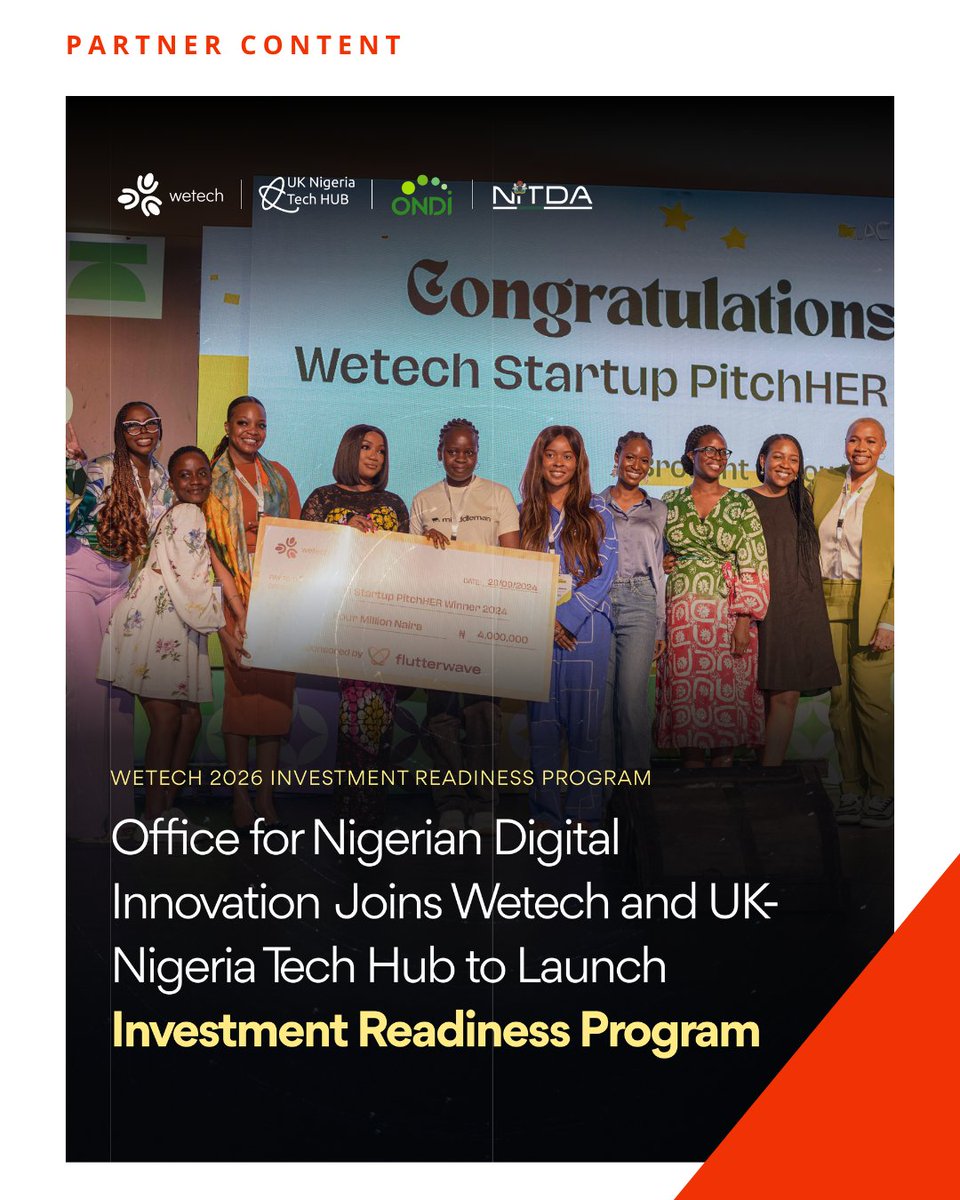 TechCabal's tweet photo. PARTNER: The Office for Nigerian Digital Innovation (@ONDINigeria ), under the National Information Technology Development Agency (@NITDANigeria ), has joined Wetech (@wetechofficial ) and The UK-Nigeria Tech Hub (@ukngtechhub ) to launch the PitchHer Investment Readiness Program, with Tech4Dev (@Tech4DevHQ  ) supporting as Technical Partner.

Over eight weeks, 25 women founders in Nigeria will receive tailored support to strengthen their investment readiness, culminating in a pitch competition where three winners will share an ₦8.5 million prize pool.

If you’re a woman founder or co-founder building an early- to growth-stage startup with a validated idea or early traction, apply now at https://t.co/0U8DzhtkMy.

Applications now close on July 16, 2026.

#Wetech2026 #WomenInTech #FemaleFounders