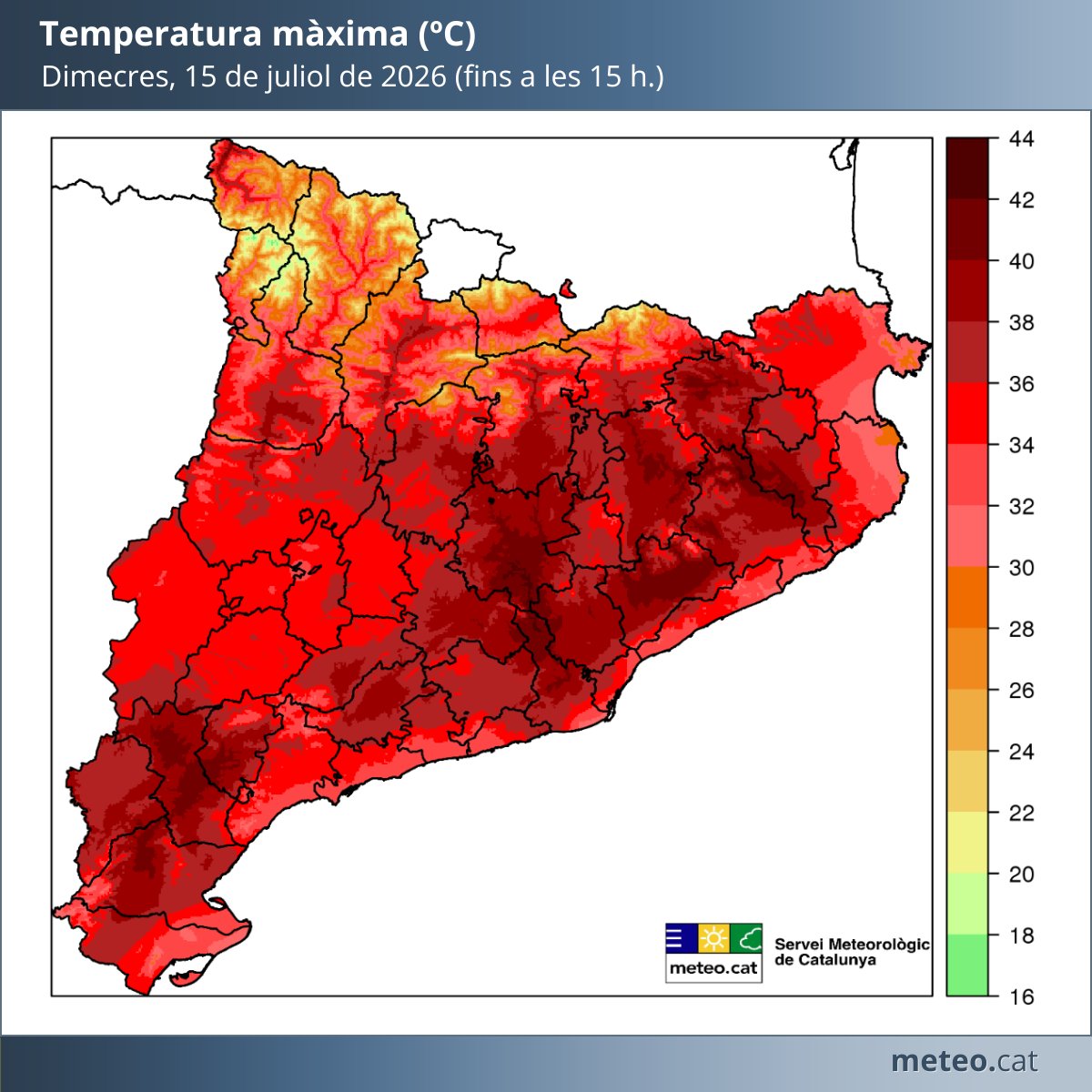 meteocat's tweet photo. ⚠️Atenció amb la calor⚠️
Els valors de temperatura màxima fins a les 15 h.  fàcilment han rondat o superat els 40 ºC  al prelitoral, l'interior de la meitat est i la Catalunya Central.
A l'oest del país, la temperatura encara pot pujar més durant les immediates hores. https://t.co/rQqX546TzD