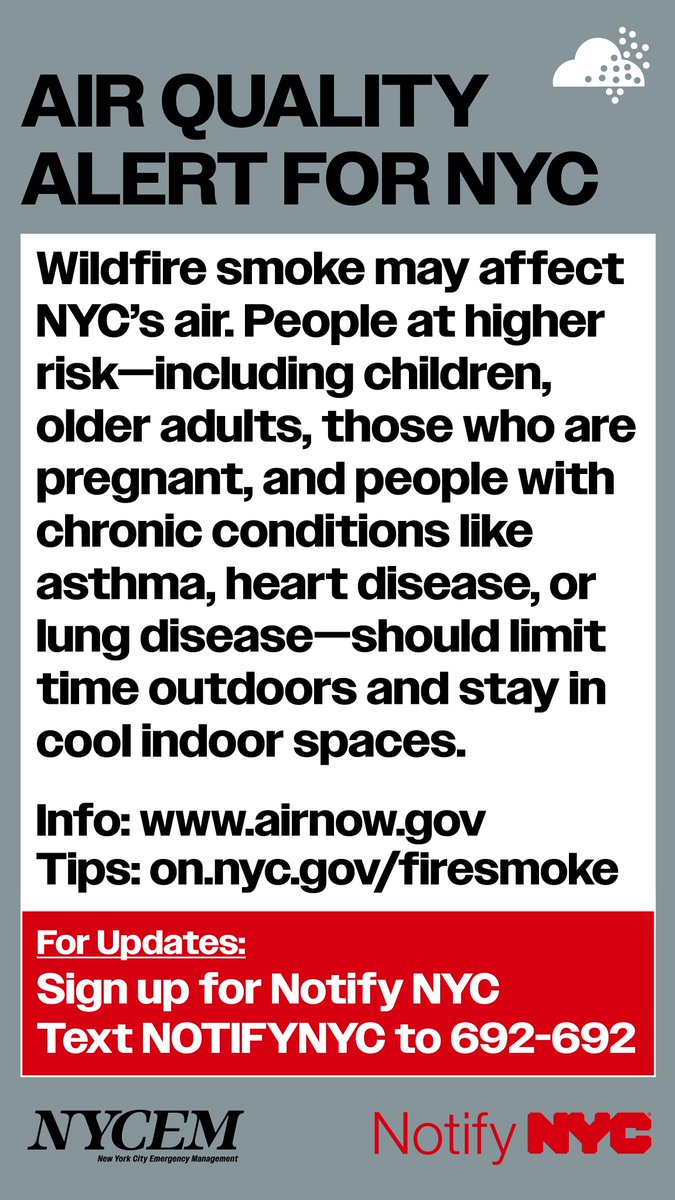 nycemergencymgt's tweet photo. ⚠️ Air Quality Advisory: Smoke from Canadian wildfires is expected to push AQI to Unhealthy for Sensitive Groups levels (101–150) in NYC today, Wednesday.

Children, older adults, those who are pregnant & those with medical conditions should limit time outdoors, remain in a cool space, and consider wearing a KN95 or N95 mask if they must be outside.

🩺 Know the warning signs: coughing, wheezing, shortness of breath, chest tightness or pain, and unusual fatigue. If symptoms are severe — especially difficulty breathing or chest pain — seek immediate medical attention or call 911.

😷 Free KN95 masks are available at select public library branches — including all Brooklyn Public Library & Queens Public Library locations, the St. George Library Center (Staten Island), the Bronx Library Center (Bronx), and the Stavros Niarchos Foundation Library (Manhattan) — and at these firehouses:

Bronx • 720 Melrose Ave • 2417 Webster Ave

Brooklyn • 172 Tillary St • 885 Howard Ave

Manhattan • 100 Duane St • 207 West 77th St

Queens • 91-45 121st St • 108-01 Horace Harding Expwy

Staten Island • 1850 Clove Rd

Stay informed: text NotifyNYC to 692-692 or visit https://t.co/L5O0nlMIhi for real-time AQI. ⚠️