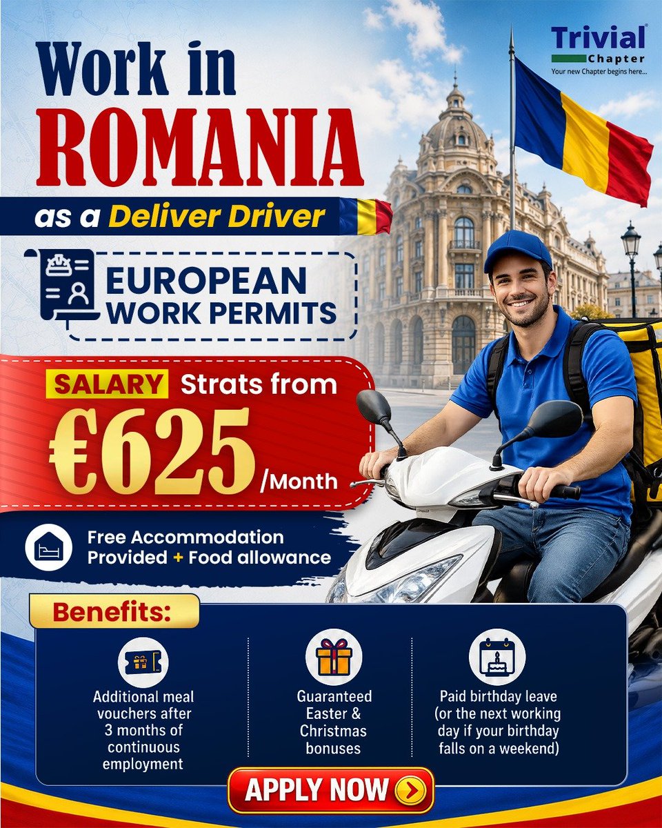 TrivialChapter's tweet photo. 🇷🇴 Romania is hiring! Your European career starts here. 🚚✨

Looking for a stable job opportunity in Europe?
Here's your chance to work as a Delivery Driver in Romania with attractive benefits.
..
#TrivialChapter #RomaniaJobs #EuropeJobs #WorkInRomania #DeliveryDriver https://t.co/9DGxAOfVYw