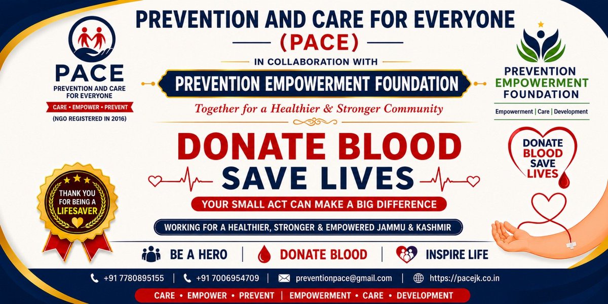 PaCE_NGO's tweet photo. Donate Blood – Save Lives!
Prevention and Care for Everyone (PACE) in collaboration with Prevention Empowerment Foundation warmly invites you to participate in our Voluntary Blood Donation Camp.
📅 Date: 17 July 2026
📍 Venue: Hazratbal, Srinagar
⏰ Time: 10:00 AM onwards. https://t.co/HCzOAXtTsa