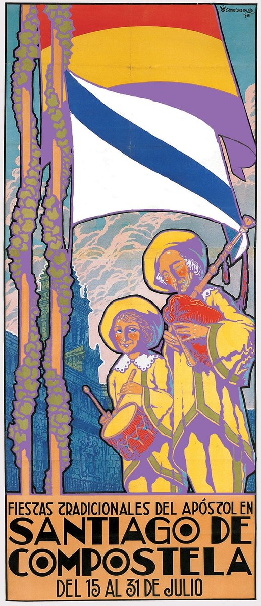 antoniomiguezma's tweet photo. Hai 90 anos daquelas festas do Apóstolo de 1936 e daquel cartaz de Camilo Díaz Baliño. Un mes despois, Camilo xacía asasinado en Meixide, Palas de Rei. Polo medio, un golpe de Estado xenocida dirixido a arrebatar o poder a quen os golpistas chamaron anti-España. Fin da festa. https://t.co/nrQ8Ra3xgb