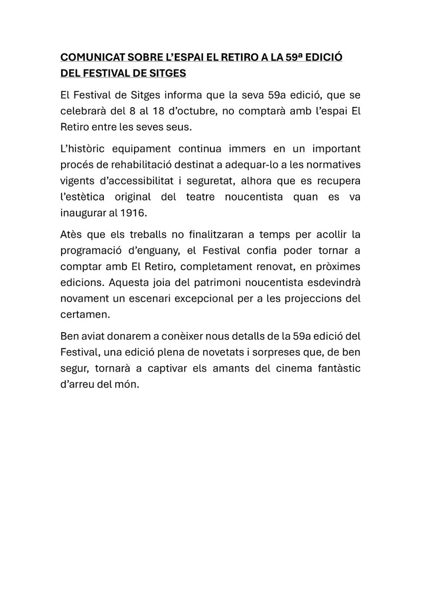 sitgesfestival's tweet photo. Comunicat sobre l'espai El Retiro a la 59ª edició del Festival de Sitges. https://t.co/TwdxZpDx7u