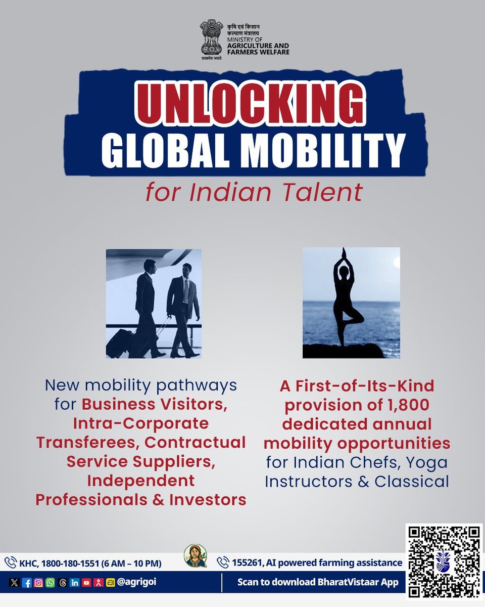 AgriGoI's tweet photo. New mobility pathways are now available for business visitors, intra-corporate transferees, contractual service suppliers, independent professionals, and investors. As a first-of-its-kind provision, 1,800 dedicated annual mobility opportunities have been secured specifically for Indian chefs, yoga instructors, and classical musicians. 

#IndiaUKFTA