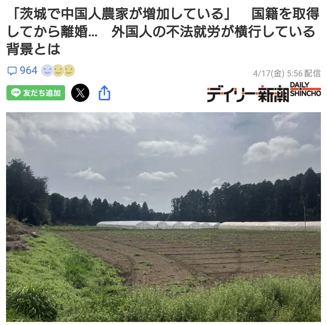 6LEjH8DcDxuhN1s's tweet photo. 茨城県成田空港近くの「ニュータウン200区画を中国企業が丸ごと買収」この会社は茨城県をどんどん中国が買い占めていくそうだ。今では更に進んで、中国人村を形成していると言われる。また、茨城では中国人農家が激増しており、農地をなぜか中国人が利用している。
もっと深刻なのは、日本に味を占めた中国人が日本人と結婚して帰化して、農地をかうケースだろう。

実は、中国人が買っている、と言えるうちはまだまし。本当の恐怖は、日本人としての中国人が、つまり帰化した連中が増えること。そうなれば、もう追い出せない。日本は、終わりである。 https://t.co/GDqPrYqNOw