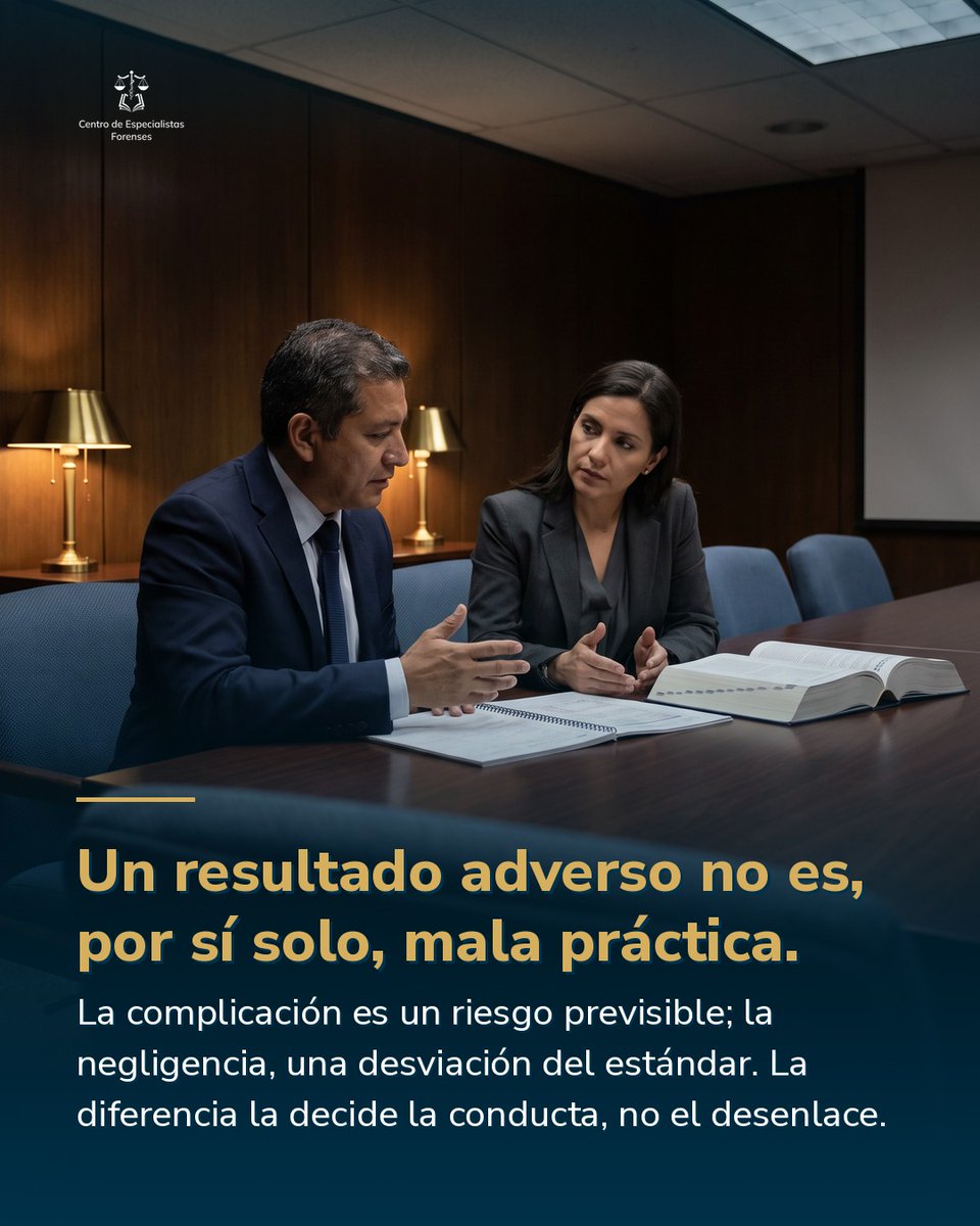 PeritajeCEF's tweet photo. Un resultado adverso, por sí solo, no es mala práctica. Una complicación es un riesgo previsible aun con atención correcta; la negligencia es una desviación del estándar de cuidado. La diferencia no la decide el desenlace, sino la conducta. #ResponsabilidadMédica #MedicinaForense https://t.co/Z8YPyptNtn